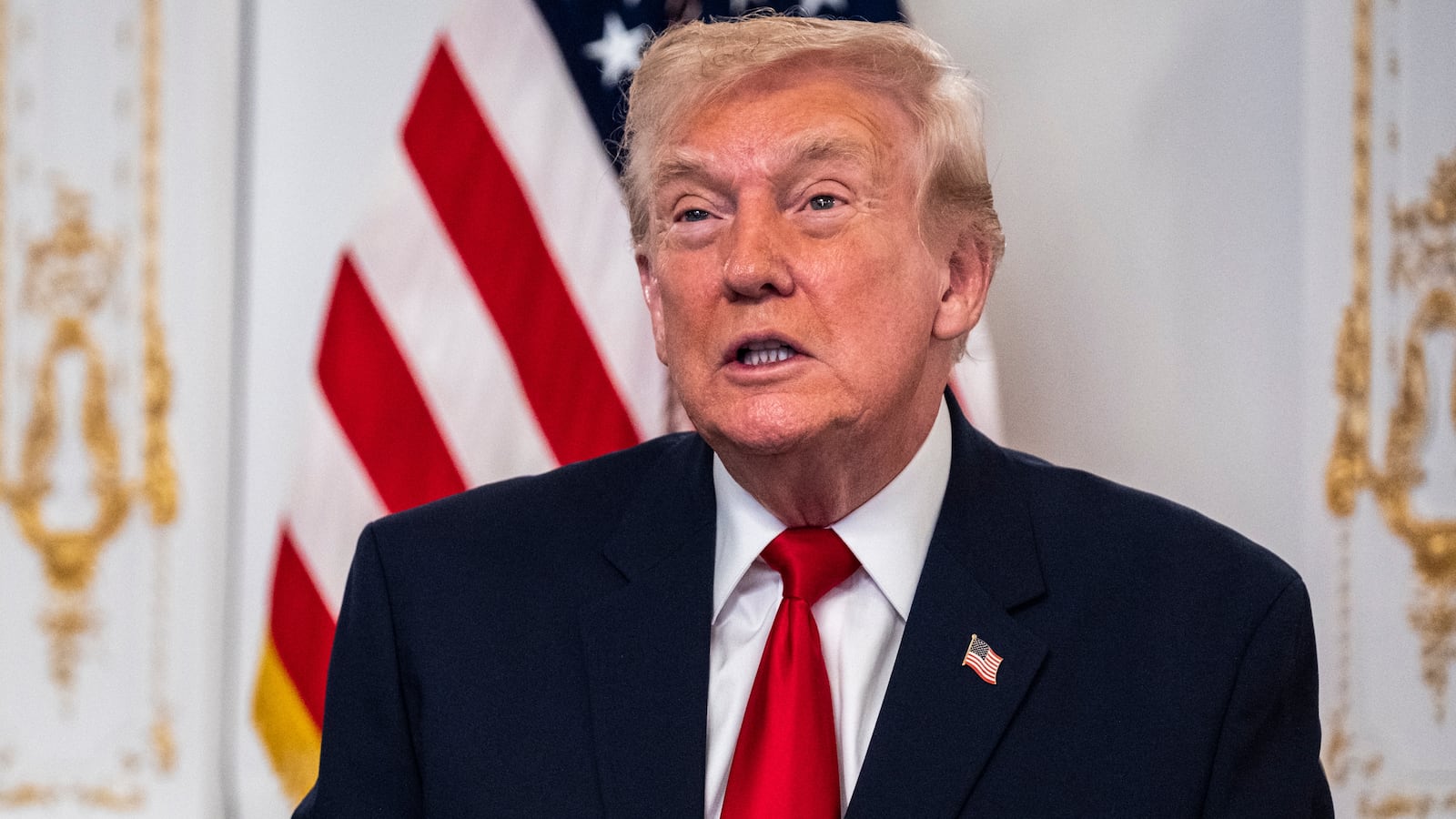 President Donald Trump participates in a call with U.S. service members from his Mar-a-Lago club in Florida on Thanksgiving Day on November 27, 2025 in Palm Beach, Florida.