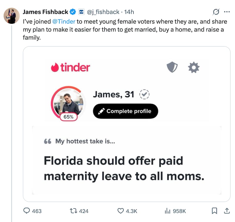 Screengrab of James Fishback's X post and Tinde profile.