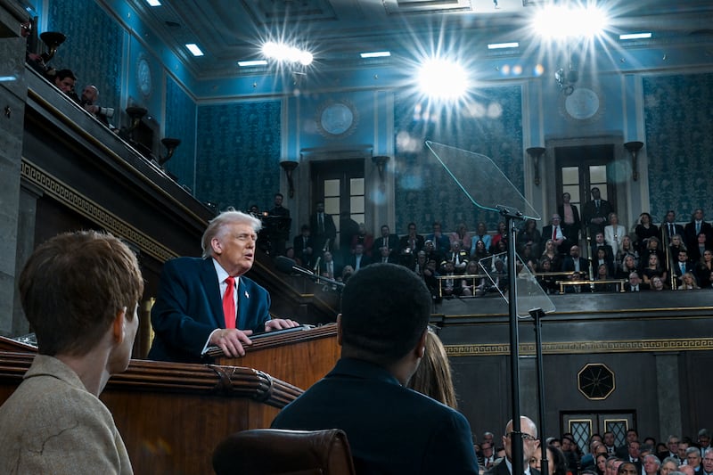 President Donald Trump delivers the State of the Union address during a joint session of Congress in the House Chamber at the Capitol on February 24, 2026 in Washington, DC. Trump delivered his address days after the Supreme Court struck down the administration's tariff strategy, and amid a U.S. military buildup in the Persian Gulf threatening Iran.