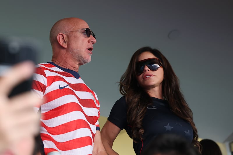 SEATTLE, WASHINGTON - JULY 06: Jeff Bezos and Lauren Sánchez during the FIFA World Cup 2026 Round of 16 match between USA and Belgium at Seattle Stadium on July 06, 2026 in Seattle, Washington. (Photo by Soobum Im - FIFA/FIFA via Getty Images)
