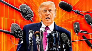 A photo illustration of Donald Trump and media press microphones.