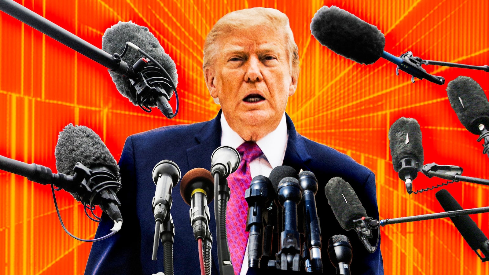 A photo illustration of Donald Trump and media press microphones.