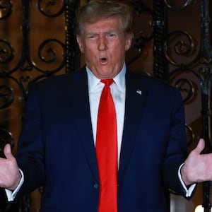 Donald Trump speaks to the press at Mar-a-Lago on February 16, 2024, in West Palm Beach, Florida.