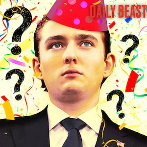 A photo illustration of Barron Trump with birthday confetti and hat for The Daily Beast podcast.