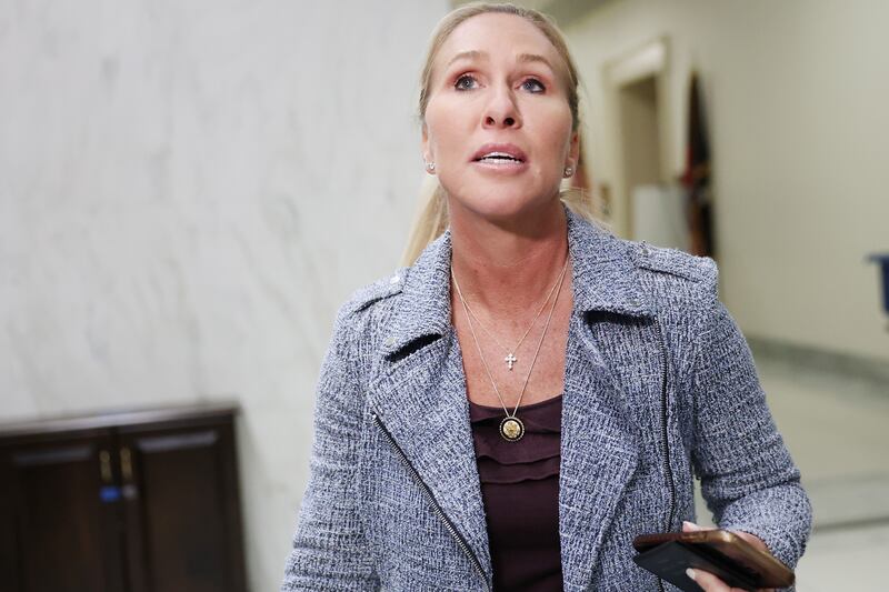 Rep. Marjorie Taylor Greene (R-GA) departs her office in the Rayburn House Office Building on November 17, 2025 in Washington, DC.