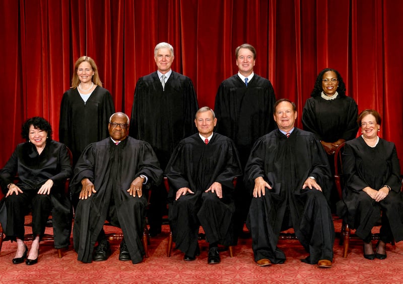 U.S. Supreme Court justices pose for their group portrait at the Supreme Court in Washington, U.S., October 7, 2022.