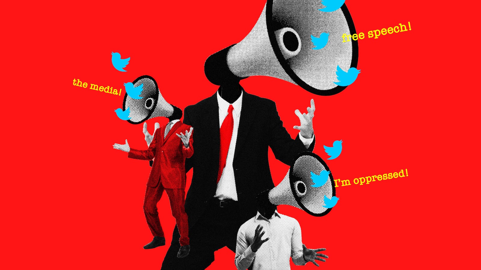 A photo illustration of men in suits with megaphones for heads