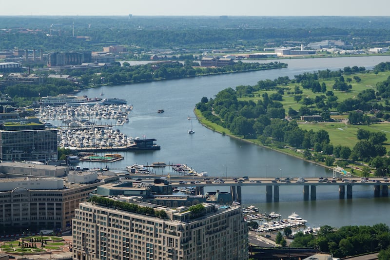 WASHINGTON, DC - JUNE 19: The Washington Channel with the East Potomac Golf Links, right, is seen from the Washington Monument on June 19, 2025 in Washington, DC. (Photo by Kevin Carter/Getty Images)