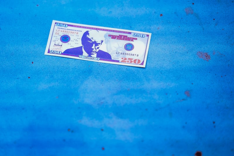 A Trump $250 bill is seen on the mat of the Octagon after the UFC lightweight championship fight during the UFC Freedom 250 event on the South Lawn at the White House on June 14, 2026 in Washington, DC.