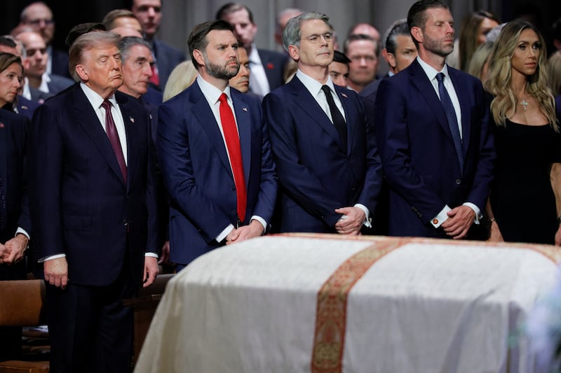 U.S. President Donald Trump, U.S. Vice President JD Vance, U.S. Treasury Secretary Scott Bessent, Eric Trump, and his wife Lara attend the funeral service for late U.S. Senator Lindsey Graham (R-SC) at Washington National Cathedral in Washington, D.C., U.S., July 28, 2026. REUTERS/Evan Vucci