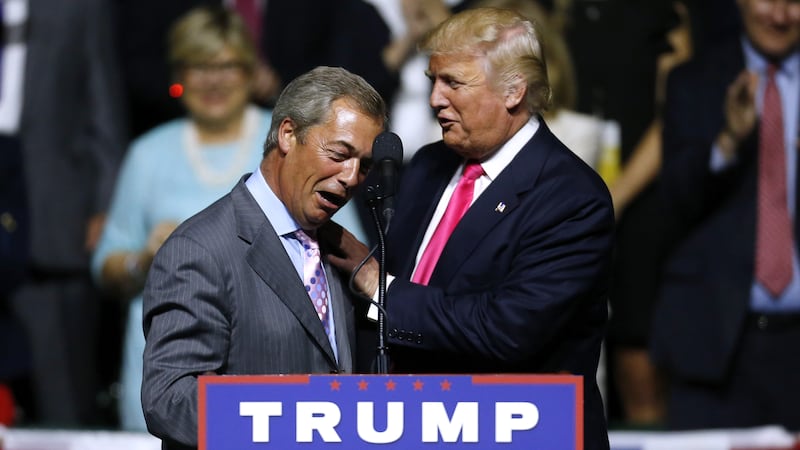 Donald Trump greets United Kingdom Independence Party leader Nigel Farage