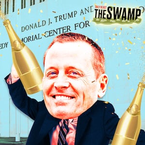 A photo illustration of Richard Grenell with champagne in front of the Kennedy Center.