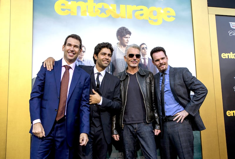 Director of the movie Doug Ellin poses with cast members Adrian Grenier, Billy Bob Thornton and Kevin Dillon at the premiere of “Entourage” at the Regency Village Theatre in Los Angeles, California, June 1, 2015.