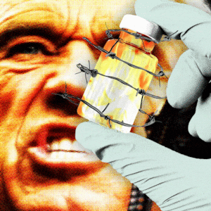 Robert F Kennedy Jr. and Donald Trump behind a medical gloved hand holding vaccine vial wrapped in barbed wire