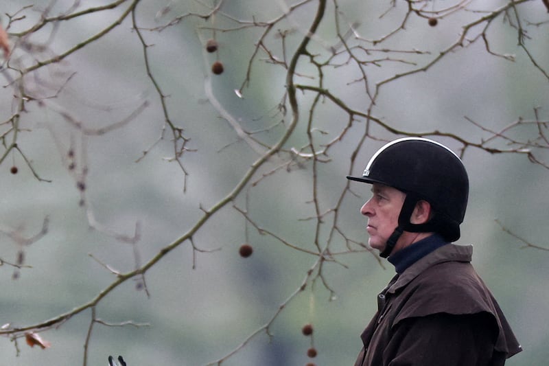 Andrew Mountbatten-Windsor wears a helmet as he rides a horse in Windsor Great Park, near to Royal Lodge, a property on the estate surrounding Windsor Castle, where Andrew Mountbatten-Windsor, the younger brother of Britain's King Charles, resides, after the U.S. Justice Department has released more records tied to the late financier and convicted sex offender Jeffrey Epstein, in Windsor, Britain, February 2, 2026. REUTERS/Toby Melville     TPX IMAGES OF THE DAY