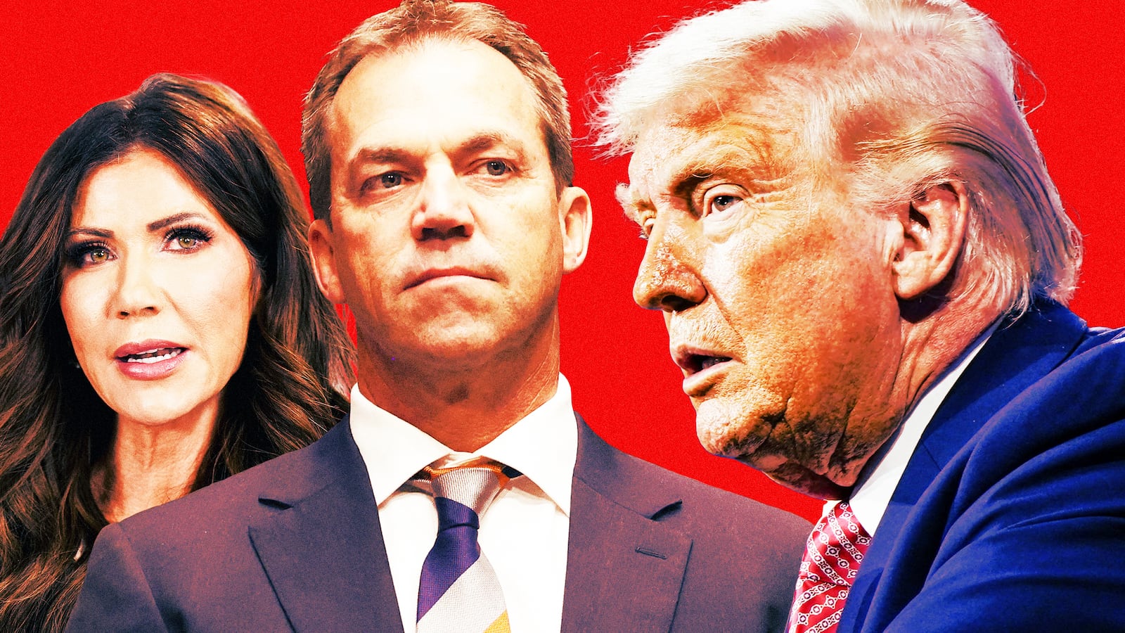A photo illustration of Kristi Noem, Bryon Noem, and Donald Trump.