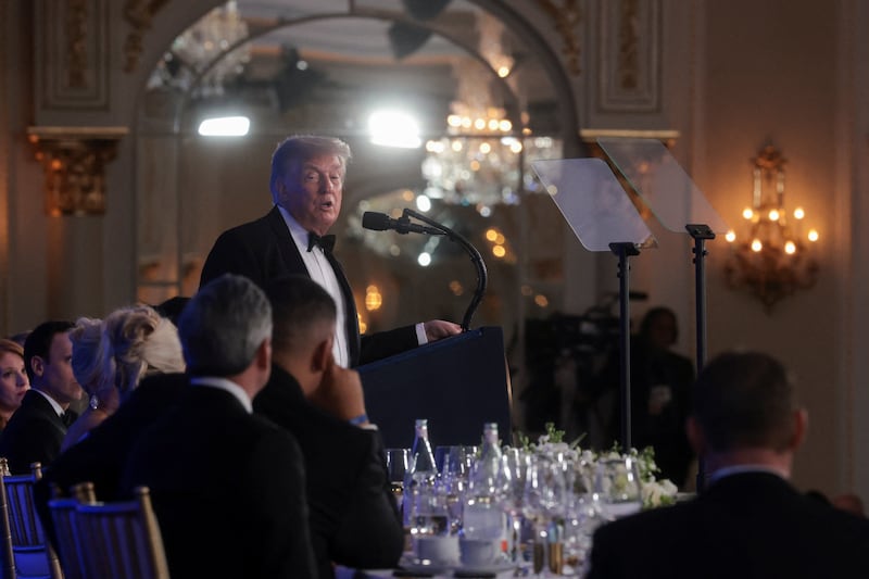 U.S. President Donald Trump delivers remarks at the White House Correspondents' Association (WHCA) Dinner, which was rescheduled from April after it was interrupted when a man tried to force his way through security and fired a shotgun, at the Waldorf Astoria hotel in Washington, D.C., U.S., July 24, 2026. REUTERS/Jonathan Ernst