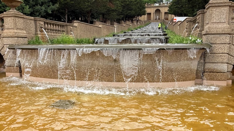 The cascading fountain in Meridian Hill Park is seen with brown water following ongoing restoration work in Washington, D.C., U.S., July 8, 2026. REUTERS/Brad Ulery