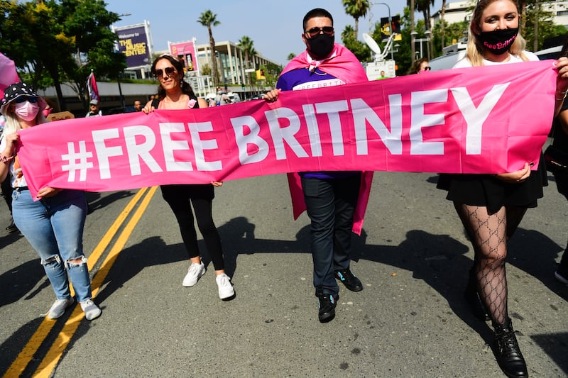 #FreeBritney activists protest during a rally held in conjunction with a hearing on the future of Britney Spears' conservatorship at the Stanley Mosk Courthouse on September 29, 2021 in Los Angeles, California.