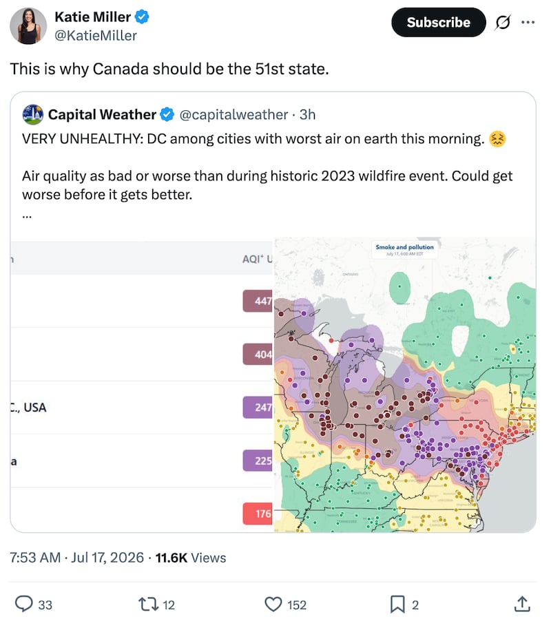 Katie Miller’s post on Friday about making Canada the 51st state.