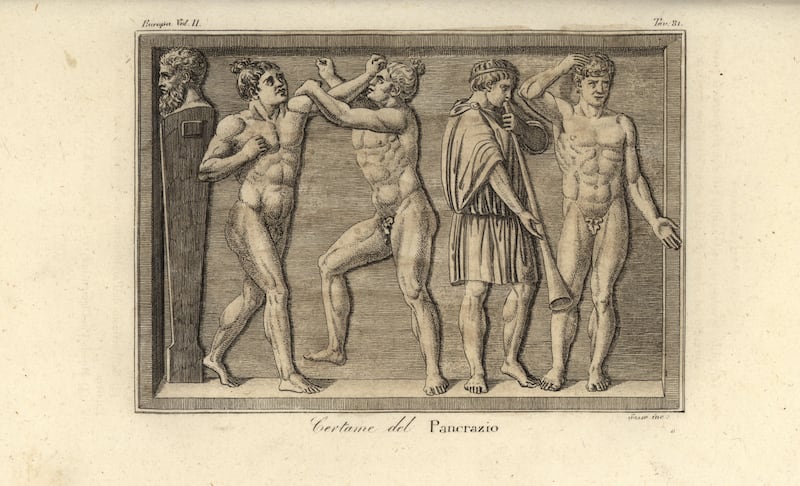 Greek athletes competing in the martial art of Pankration. Two naked men wrestle and box, while a champion dons a laurel wreath and a musician blows a horn. From a bas-relief in Pio Clementino Museum. Certame del Pancrazio. Handcoloured copperplate engraving by Giovanni Antonio Sasso from Giulio Ferrario’s Costumes Ancient and Modern of the Peoples of the World, Il Costume Antico e Moderno, Florence, 1826.. (Photo by: Florilegius/Universal Images Group via Getty Images)