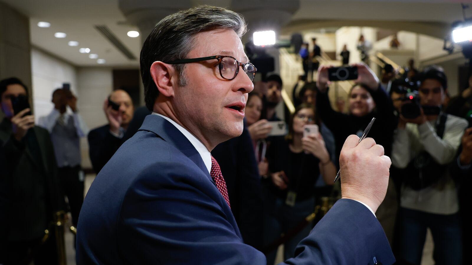 WASHINGTON, DC - DECEMBER 05: U.S. Speaker of the House Mike Johnson (R-LA) speaks to reporters after a meeting with members of Congress and Tesla CEO Elon Musk, and and businessman Vivek Ramaswamy, Co-Chairs of the newly announced Department of Government Efficiency (DOGE) on December 05, 2024 in Washington, DC. Musk and Ramaswamy are meeting with members of the U.S. Congress today about DOGE, a planned presidential advisory commission with the goal of cutting government spending and increasing efficiency in the federal workforce. ( (Photo by Anna Moneymaker/Getty Images)
