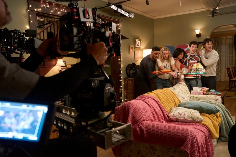 FX's Adults -- Ep. 204 -- Pictured: BTS -- (l-r) Owen Thiele as Anton, Lucy Freyer as Billie, Amita Rao as Issa, Malik Elassal as Samir., Jack Innanen as Paul Baker. CR: Michael Gibson/FX