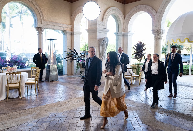 Corey Lewandowski, chief advisor to Department of Homeland Security (DHS) Secretary Kristi Noem, and Katie Miller, former advisor to the Department of Government Efficiency (DOGE), arrive at Mar-a-Lago on February 1, 2026 in Palm Beach, Florida.