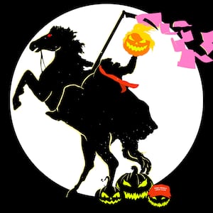 Headless horseman with a long red tie and a pumpkin head that looks like Donald Trump with a pumpkin wearing a MAGA hat and a scythe with pink slips blowing away