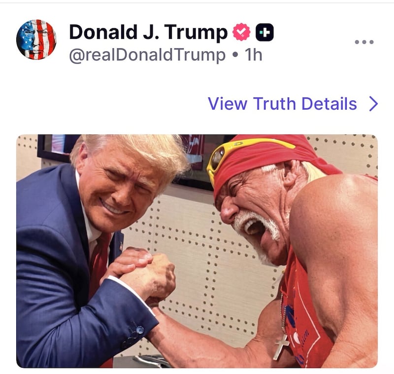 The president also posted an AI generated image of himself arm wrestling with former WWE champion Hulk Hogan.