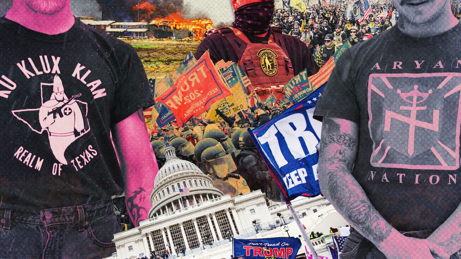 A photo collage of January 6 capitol riots, a KKK member, the Waco Texas Branch Davidian FBI raid, and Proud Boys march