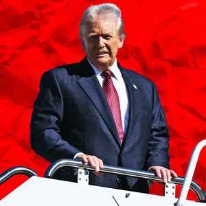 A photo illustration of Donald Trump standing on the stairs of Air Force One.