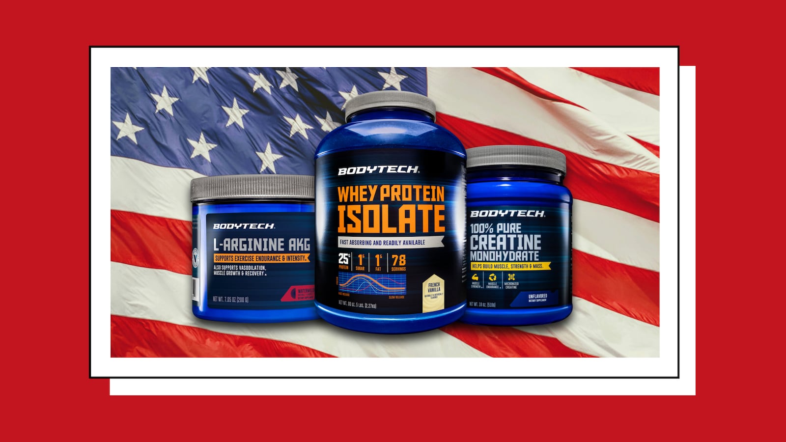 The Vitamin Shoppe products in front of the USA flag.