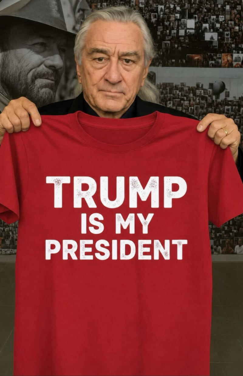 AI-generated image of Robert De Niro holding a "Trump is my president" T-shirt.