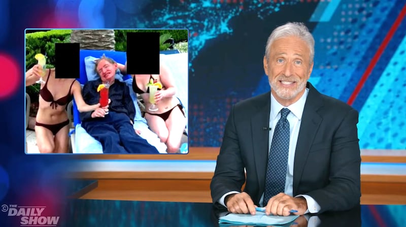 The Daily Show, Jon Stewart showing picture of Stephen Hawking on Epstein's island