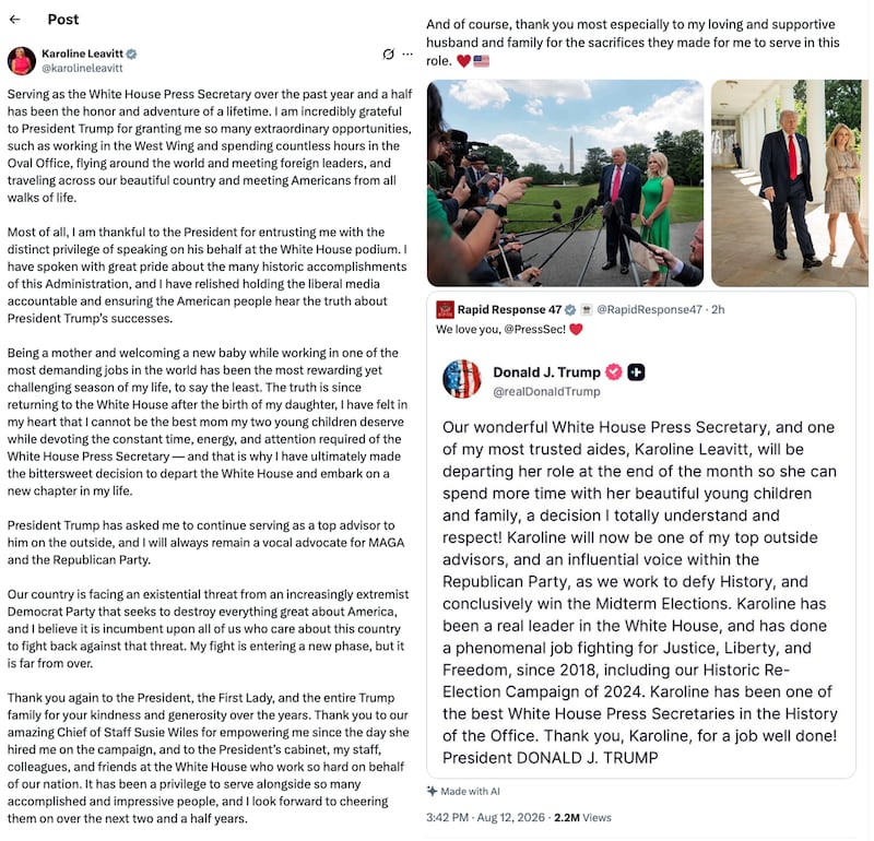 White House Press Secretary Karoline Leavitt farewell X post that has a "Made With AI" note.