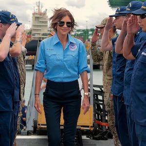 U.S. Homeland Security Secretary Kristi Noem boards the U.S. Coast Guard Cutter Escanaba.