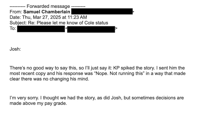 Email from Samuel Chamberlain to Josh Kosman.