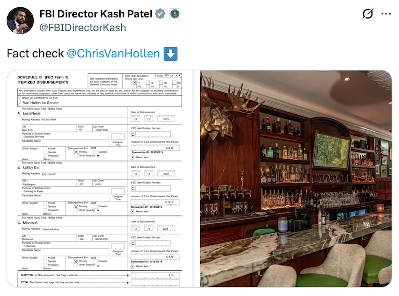 Patel shared Van Hollen's disembursement form online.