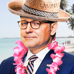 A photo illustration of Mike Johnson on a beach vacation.