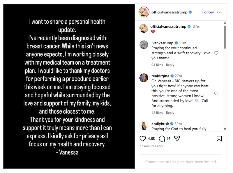 Vanessa Trump announced that she has been diagnosed with breast cancer in a post on Instagram.