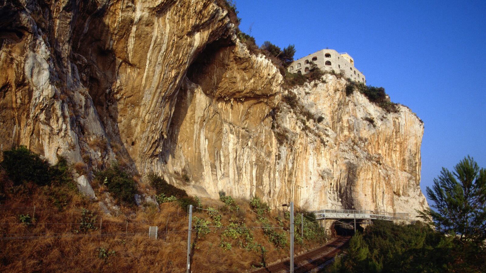 A cliff face in Ventimiglia, Italy, on the Ligurian coast near the French-Italian border.