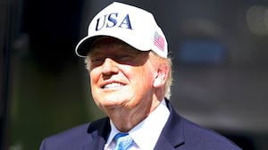 President Donald Trump looks on while at the first hole tee box during Day Four of the Presidents Cup at Medinah Country Club Course No. 3 on September 27, 2026 in Chicago, Illinois. (Photo by Ben Jared/PGA TOUR via Getty Images)
