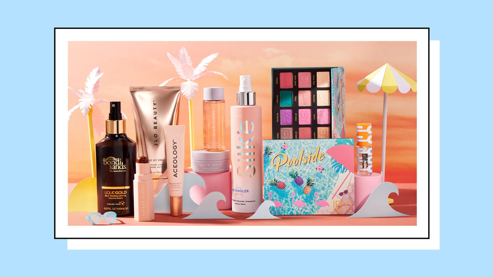 Various beauty products on a light orange background resembling a beach.
