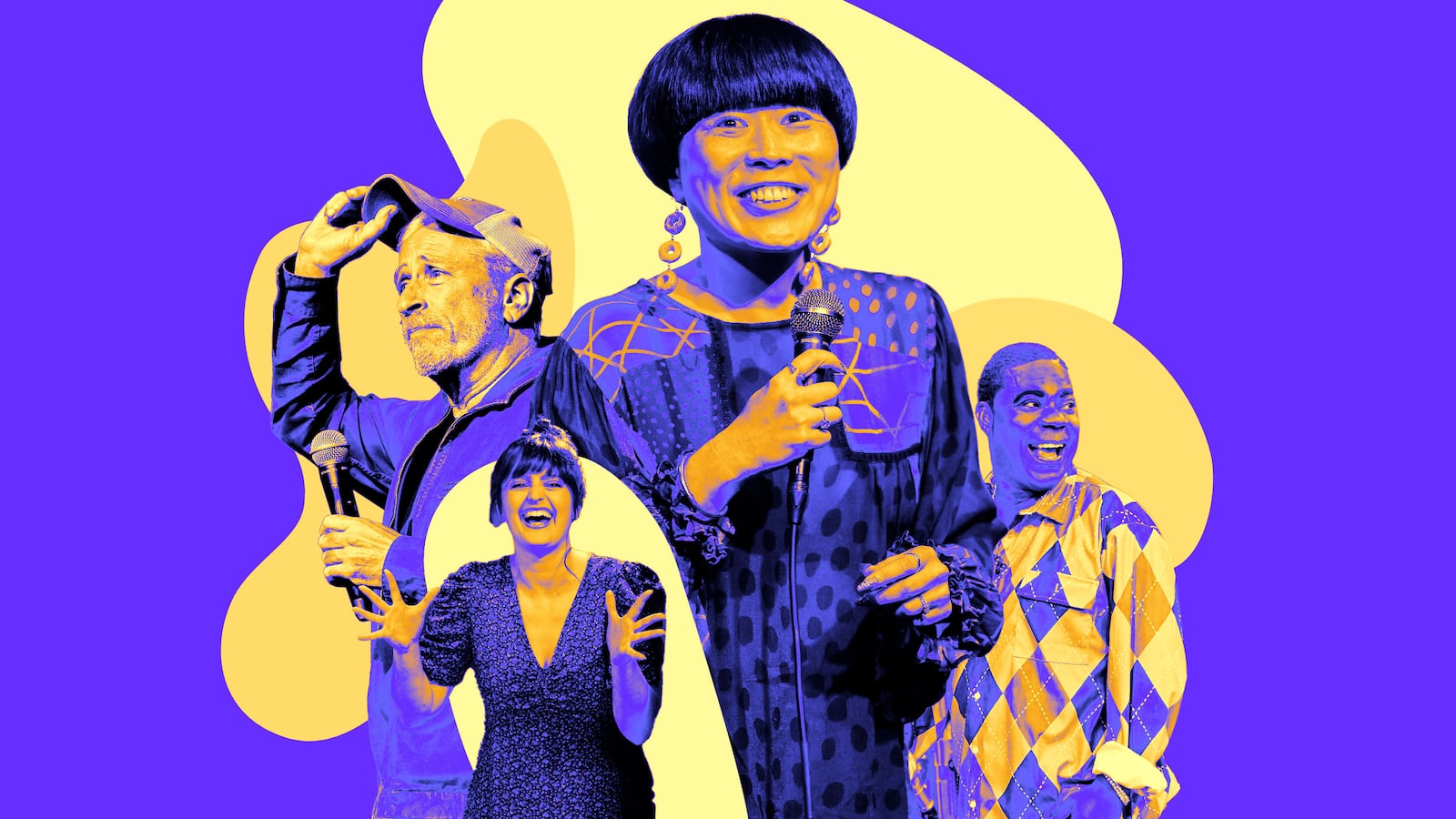 A purple and yellow photo illustration of Jon Stewart, Atsuko Okatsuka, Tracy Morgan and Chloe Troast