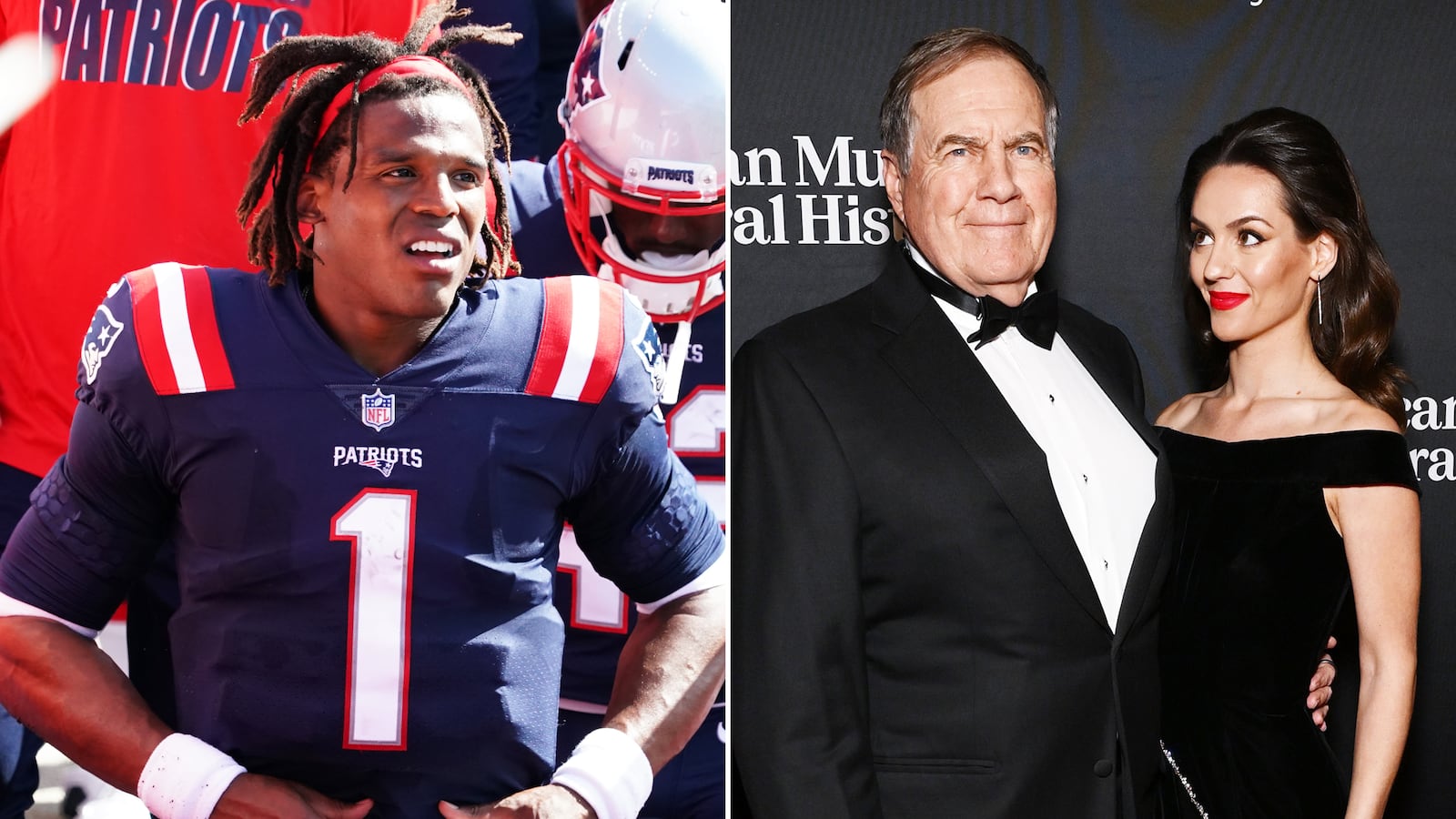 Cam Newton, Bill Belichick, and Jordon Hudson.
