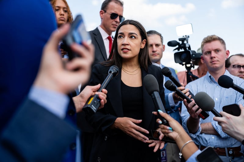U.S. Representative Alexandria Ocasio-Cortez (D-NY) speaks with reporters after the House of Representatives passed its version of the fiscal 2027 National Defense Authorization Act (NDAA) on Capitol Hill in Washington, D.C., U.S., July 22, 2026. REUTERS/Eric Lee