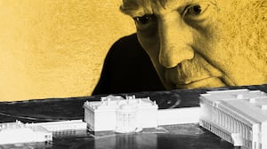 Donald Trump looking at a model of the proposed white house east wing renovation