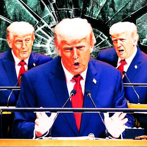 A photo illustration of President Donald Trump speaking at the United Nations General Assembly.