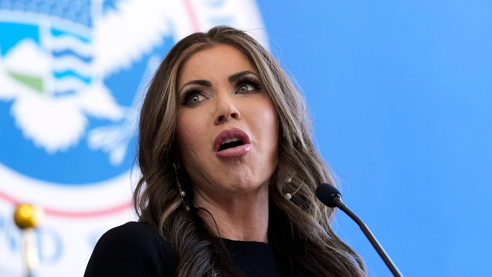 Homeland Security Secretary Kristi Noem delivers remarks to staff at the Department of Homeland Security headquarters on January 28, 2025 in Washington, DC.
